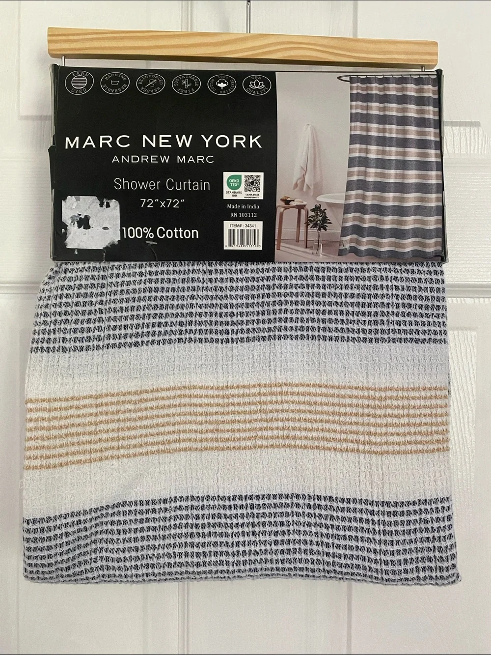Marc New York Cotton Shower Curtain - White, Navy & Tan Stripes